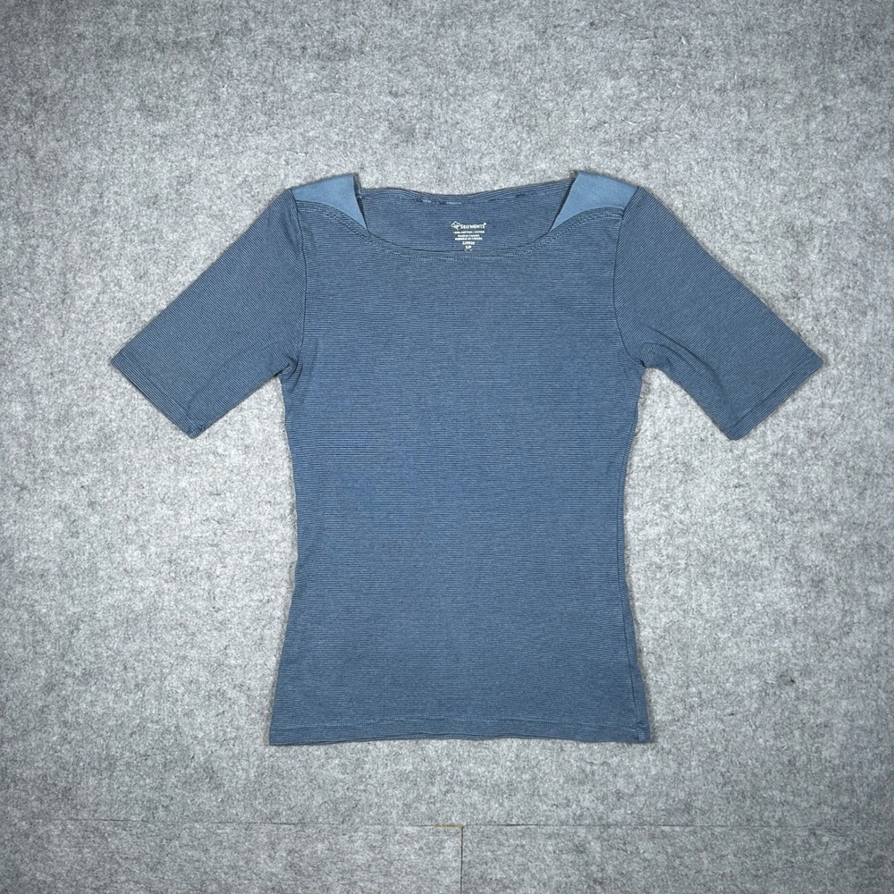 Segments Top Womens Small Blue Ribbed Boat Neck Short Sleeve Cotton Casual Basic